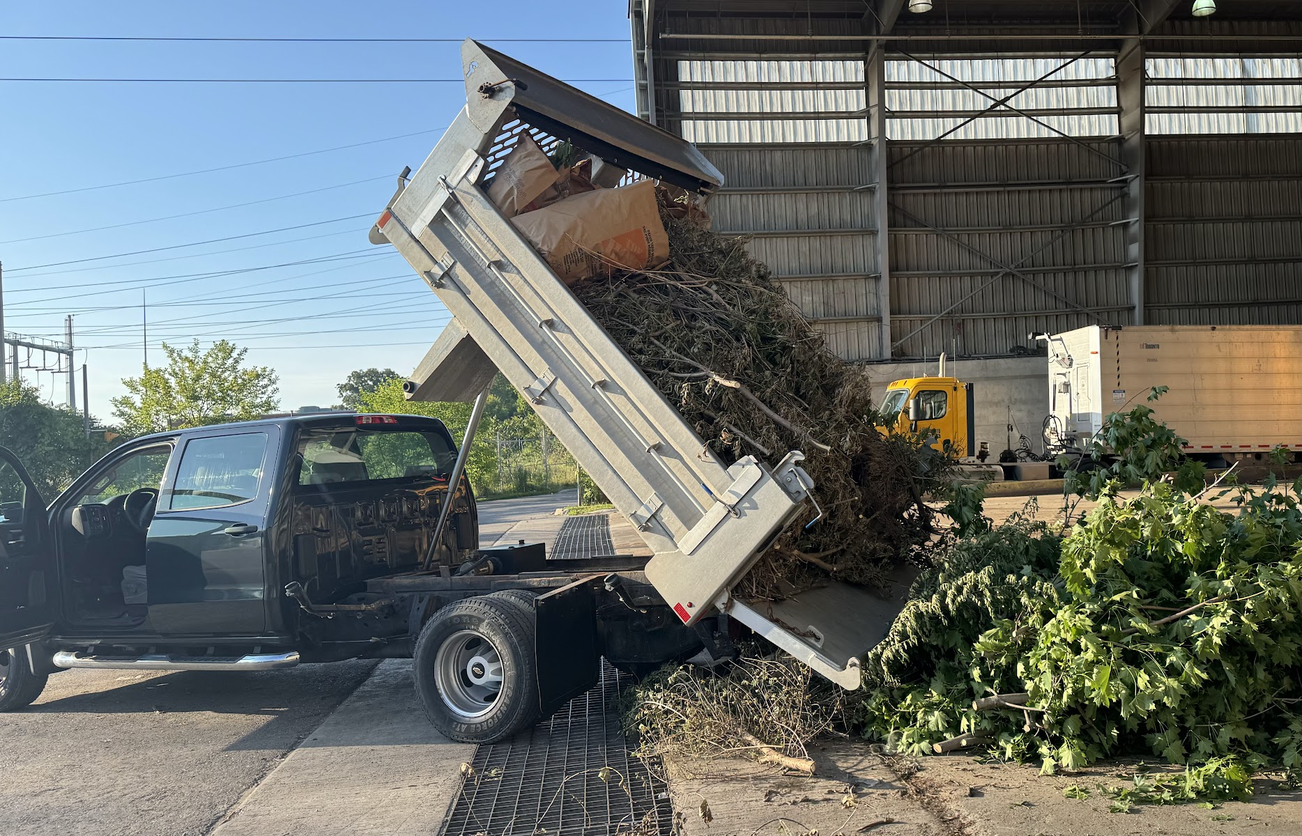 A pickup truck at the rear of the property dumping a load of brush.